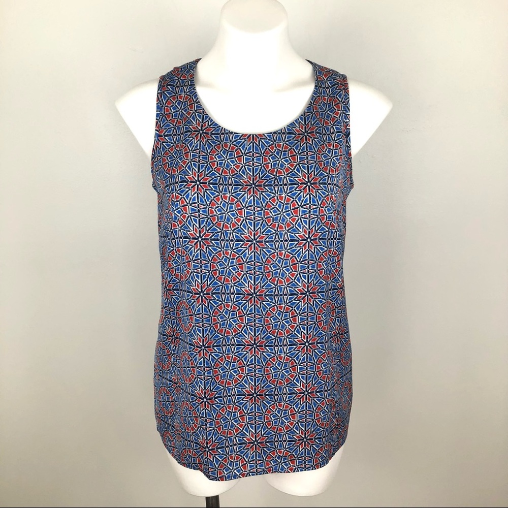 J. Crew Crossed-Back Tank Mosaic Mandala Print Red, White & Blue 4